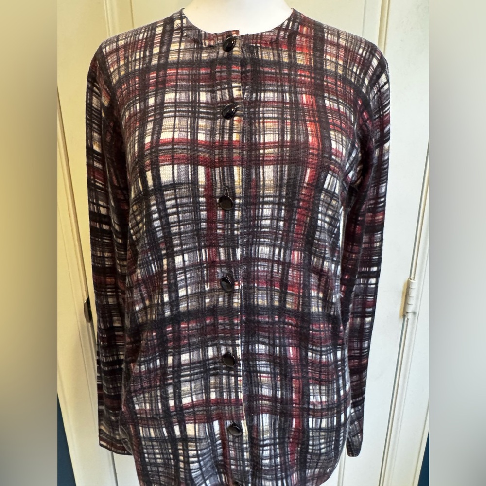 Worth New York wool cardigan in abstract plaid of black, grey, wine and gold.
